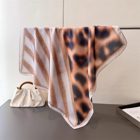 Women Fashion Satin Square Scarf Leopard Print Spliced Striped Headscarf Versatile Shawl Elegant Silk Like Neck Scarf Accessory
