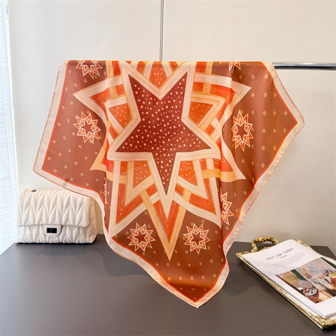 Vintage Geometric Print Square Satin Scarf Faux Satin Satin Bandana Star Pattern Retro Neck Headscarf Women Fashion Accessory