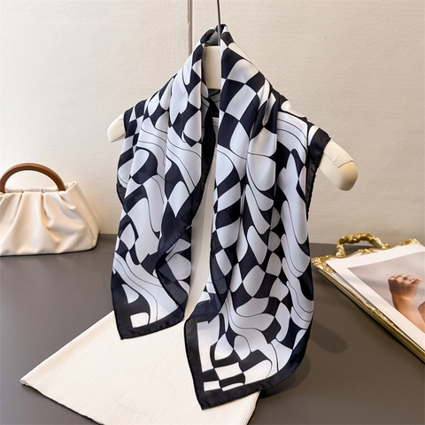 Foulard Quadrato In Satin A Scacchi Distorti Effetto Raso Bandana Motivo Geometrico Sciarpa Da Collo Per Donna Accessorio