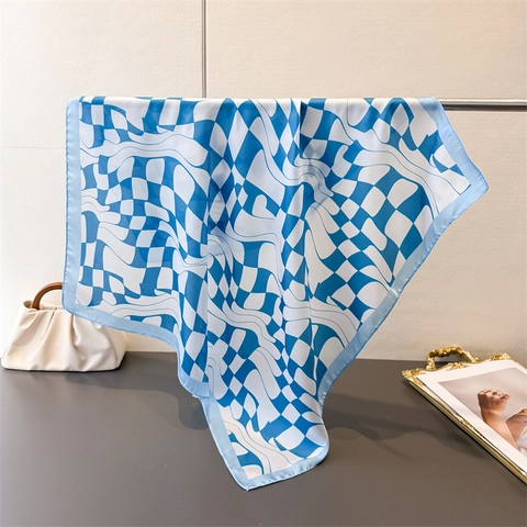 Foulard Quadrato In Satin A Scacchi Distorti Effetto Raso Bandana Motivo Geometrico Sciarpa Da Collo Per Donna Accessorio