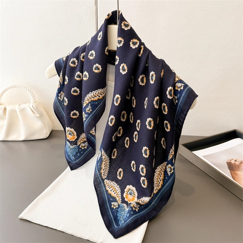 Vintage Square Scarf Paisley Daisy Print Satin Like Polyester Hair Bandana Elegant Fashion Head Scarf For Women