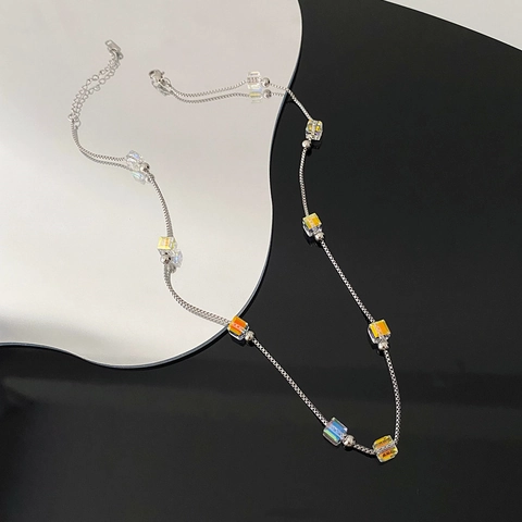 Minimalist Square Cube Crystal Bead Necklace Stainless Steel Aurora Rainbow Pendant Jewelry For Women Niche Design Elegant