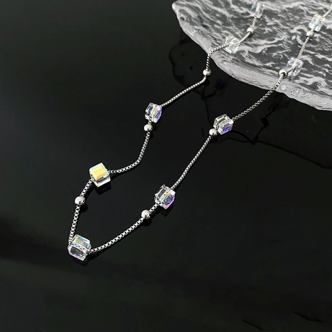 Minimalistische Quadratische Kristallperlen Halskette Edelstahl Aurora Regenbogen Anhänger Schmuck Für Frauen Nischen Design
