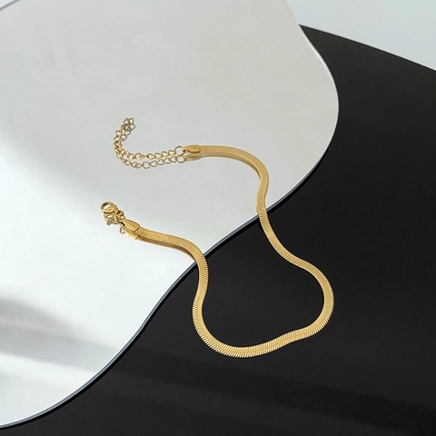 Anklet For Women Titanium Steel Gold Plated Flat Snake Chain Herringbone Minimalist Adjustable Jewelry