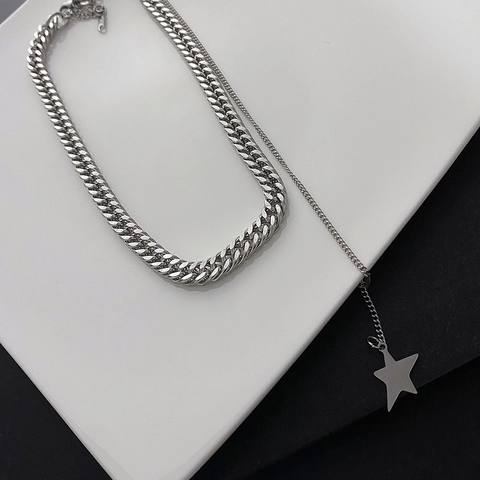 Layered Necklace With Star Pendant Titanium Steel Cuban Chain Silver Tone Hip Hop Punk Style For Women Men