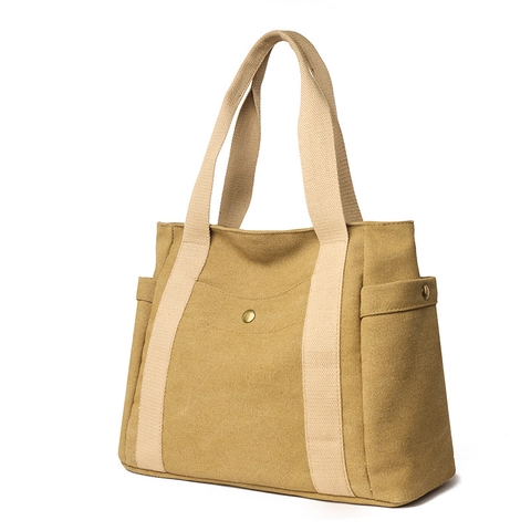 Borsa Tote in Tela a Grande Capacità per Donna Borsa a Tracolla Casual Retrò Occidentale Con Tasche Multiple e Fibbia in Metallo Tinta Unita