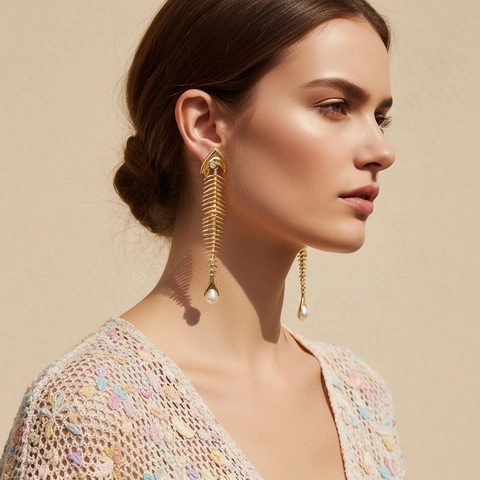Boucles D'Oreilles Pendantes Arête De Poisson Vintage Avec Künstliche Perles D'Imitation Strass Alliage Style Océan Tige Acier