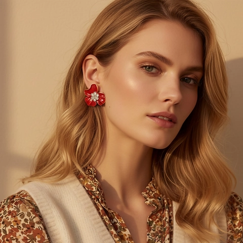 Boucles D'oreilles Fleurs Rouges Émail Floral Bijoux Avec Strass Et Tige En Acier Inoxydable Accessoire Mode Femme