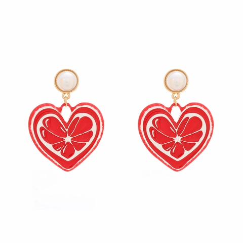 Heart Drop Earrings With Faux Artificial Pearl And Citrus Fruit Pattern Enamel Alloy Sweet Colorful Valentine Gift For Women Girls