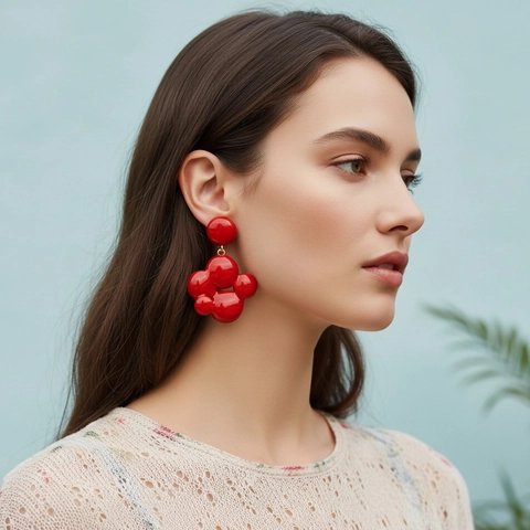 Red Bubble Cluster Drop Earrings Zinc Alloy With Stainless Steel Earring Post Modern Glossy Statement For Women