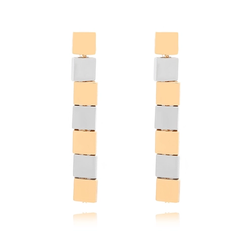 Geometric Square Block Drop Earrings Two Tone Gold Silver Alloy Linear Dangle Jewelry Stainless Steel Earring Post