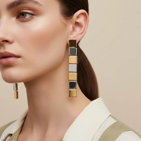 Geometric Square Block Drop Earrings Two Tone Gold Silver Alloy Linear Dangle Jewelry Stainless Steel Earring Post