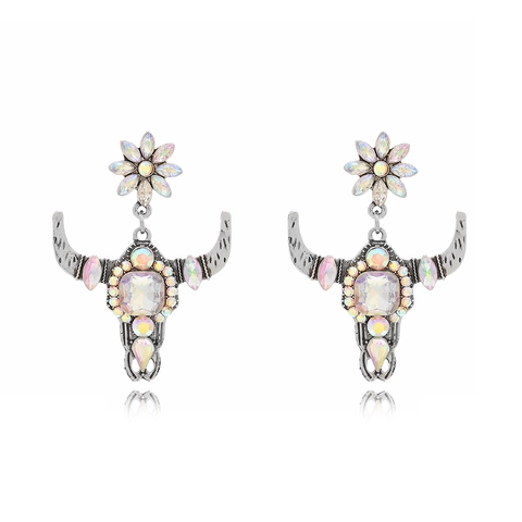 Pendientes Cabeza Toro Aleación Pedrería AB Poste Acero Inoxidable Estilo Cowboy Bohemio Joyas Plata Vintage Mujer