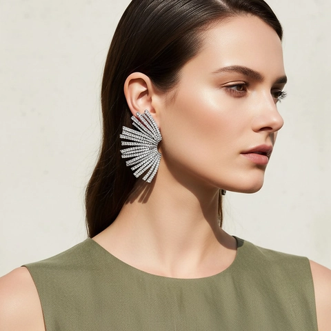 Boucles D'oreilles Déclaration En Forme D'éventail Géométrique Strass Alliage Bijoux Scintillants Pour Femmes Avec Tige En Acier Inoxydable