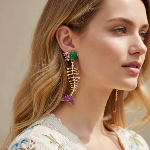 Fischgräte Hängeohrringe Ozean Emaille Legierung Strass Imitationsperle Edelstahl Ohrstecker Kreativ Für Frauen