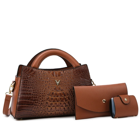 Ensemble de Sacs à Main Mode pour Femmes Motif Crocodile Comprenant Sac Cabas Portefeuille Enveloppe Et Porte-Cartes Sac à Bandoulière en Cuir PU Avec Décoration en V Métallique Doré