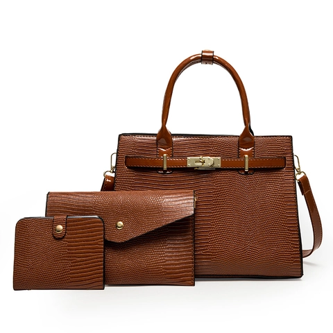 Sac à Main en Cuir PU Gaufré Rétro Pour Femmes Et Pochette Et Portefeuille Matériel Doré Grande Capacité Sac à Bandoulière Tote