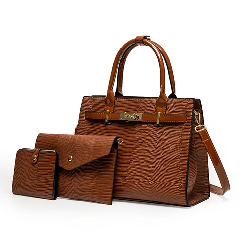 Sac à Main en Cuir PU Gaufré Rétro Pour Femmes Et Pochette Et Portefeuille Matériel Doré Grande Capacité Sac à Bandoulière Tote