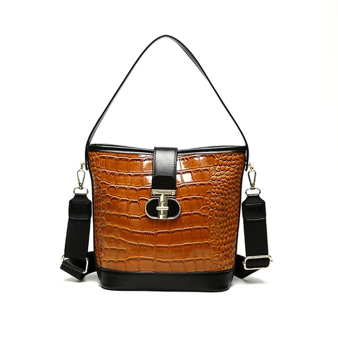 Bolso de Cubo con Patrón de Cocodrilo para Mujer y Cartera Cuero PU Color Contraste Bolso de Hombro Retro para Mujer Diario