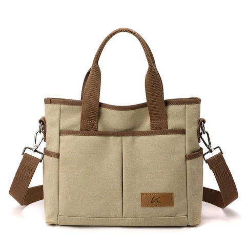Bolso Tote De Lona Gran Capacidad Múltiples Bolsillos Bolso Bandolera Mujer Informal Estilo Coreano Color En Contraste