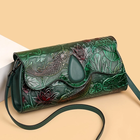 Sac à Bandoulière Gaufré de Style Chinois Vintage pour Femmes Motif Carpe Koi Lotus Pivoine Relief 3D Cuir PU Petit Sac