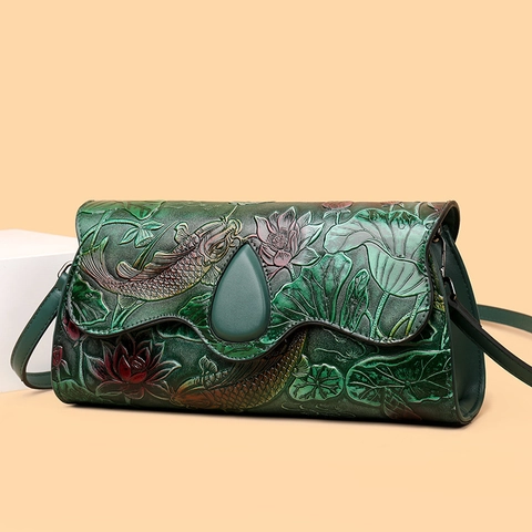 Sac à Bandoulière Gaufré de Style Chinois Vintage pour Femmes Motif Carpe Koi Lotus Pivoine Relief 3D Cuir PU Petit Sac
