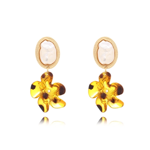 Baroque Faux Artificial Pearl Resin Leopard Flower Drop Earrings With Stainless Steel Earring Post Retro Floral For Women