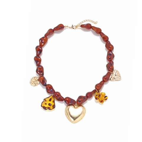 Collar De Cuentas De Resina Vintage Colgante De Corazón Y Flor Con Estampado De Leopardo De Aleación De Zinc Joyas Para Mujer