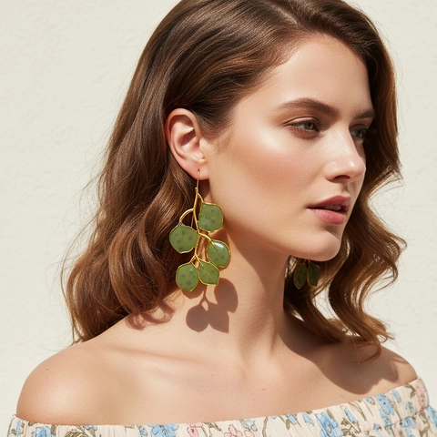 Long Leaf Drop Earrings Enamel Plant Design Gold Alloy With Stainless Steel Earring Post Elegant For Women