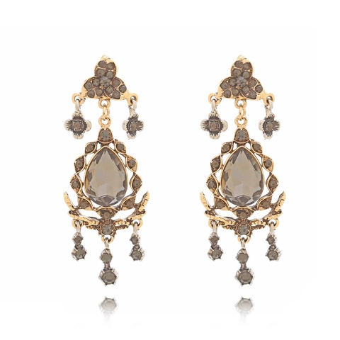 Boucles D Oreilles Pendantes Chandelier Vintage Cristal Larme Gris Fleur Creuse Alliage Strass Post Acier Inoxydable