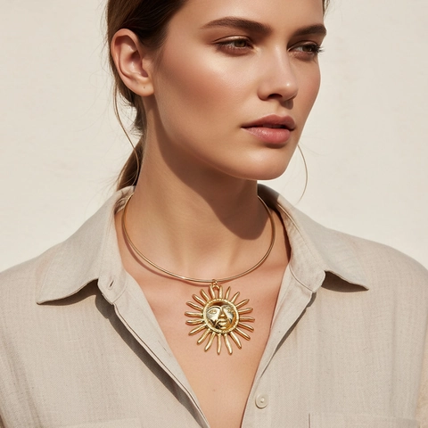 Collar Gargantilla Con Colgante De Cara De Sol Dorado Retro Exagerado Joyería De Aleación Para Mujer Diseño Personalizado