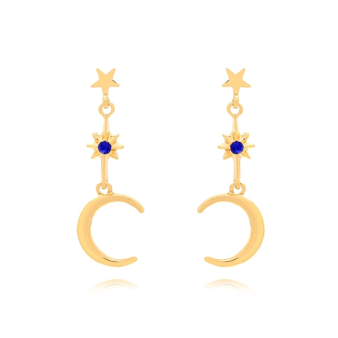 Vintage Gold Alloy Star Crescent Moon Drop Earrings With Blue Rhinestone Stainless Steel Earring Post Long For Women