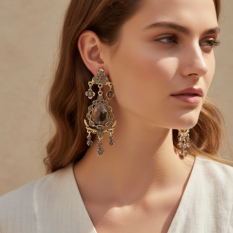 Boucles D Oreilles Pendantes Chandelier Vintage Cristal Larme Gris Fleur Creuse Alliage Strass Post Acier Inoxydable