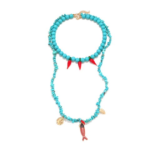 Collana Doppio Strato Bohemienne Turchese Sintetico Con Ciondoli In Lega Di Peperoncino Rosso Pesce Foglia Per Donna