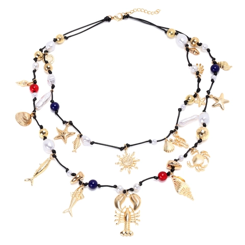 Ocean Theme Layered Necklace Zinc Alloy Lobster Fish Starfish Pendants Faux Artificial Pearl Resin Beads Bohemia Style Women