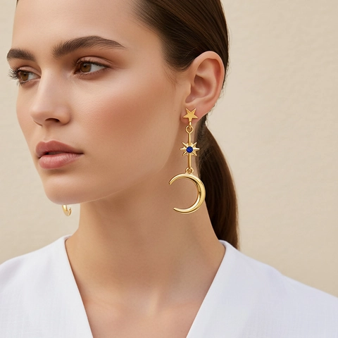 Vintage Gold Alloy Star Crescent Moon Drop Earrings With Blue Rhinestone Stainless Steel Earring Post Long For Women
