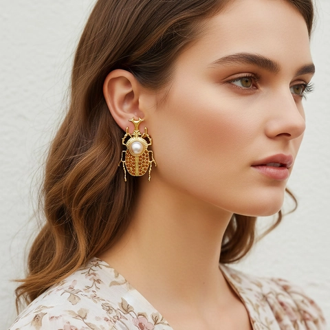 Beetle Insect Earrings With Artificial Pearl Rhinestones And Stainless Steel Earring Post Retro Statement Jewelry For Women