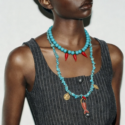 Collana Doppio Strato Bohemienne Turchese Sintetico Con Ciondoli In Lega Di Peperoncino Rosso Pesce Foglia Per Donna