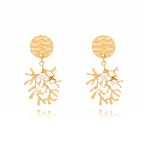 Pendientes De Coral Con Perlas Artificiales De Imitación Y Poste De Acero Inoxidable Textura Martillada Joyería Retro Para Mujer Elegante