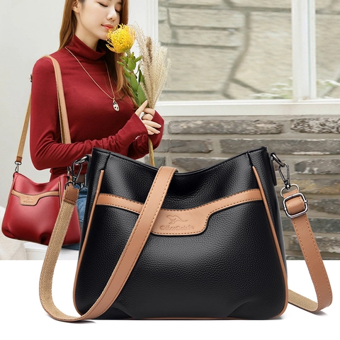 Borsa A Tracolla Da Donna Pelle PU Motivo Litchi Colore A Contrasto Manico Superiore Quadrata Borsa Moda