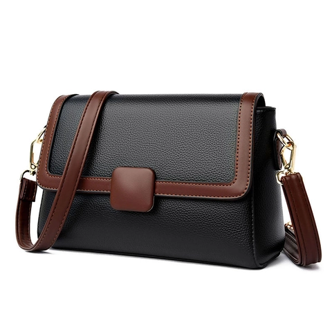 Borsa a Tracolla da Donna in Pelle PU con Motivo Litchi Colore a Contrasto Borsa a Spalla Quadrata con Patta Regolabile