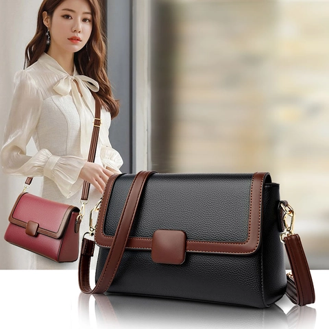 Borsa a Tracolla da Donna in Pelle PU con Motivo Litchi Colore a Contrasto Borsa a Spalla Quadrata con Patta Regolabile