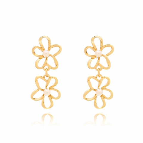 Pendientes Colgantes Flor De Doble Capa Hueca Aleación Zinc Con Perla Artificial Imitación Y Poste De Acero Inoxidable Para Mujeres