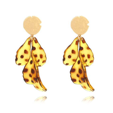 Leopard Print Blatt Hängeohrringe Gehämmerte Goldlegierung Harz Anhänger Vintage Bohemian Frauen Edelstahl Ohrstecker