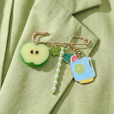 Alloy Pin Brooch With Green Apple Beverage Cup Four Leaf Clover Artificial Pearl Beads Charms Summer Tropical Style For Women