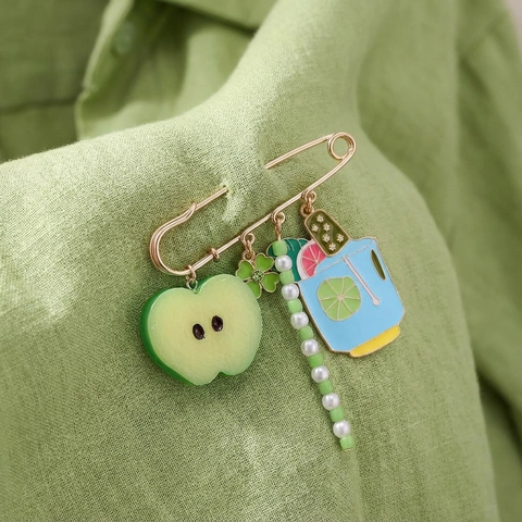 Alloy Pin Brooch With Green Apple Beverage Cup Four Leaf Clover Artificial Pearl Beads Charms Summer Tropical Style For Women
