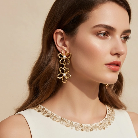 Pendientes Colgantes Flor De Doble Capa Hueca Aleación Zinc Con Perla Artificial Imitación Y Poste De Acero Inoxidable Para Mujeres