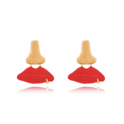 Surrealistische Nase Und Rote Lippen Hängeohrringe Übertriebene Goldfarbene Legierung Emaille Schmuck Mit Edelstahl Ohrstecker