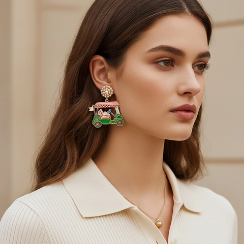 Golf Car Stud Earrings With Enamel And Faux Artificial Pearl Alloy Jewelry For Women Creative Sporty Accessory With Stainless Steel Earring Post