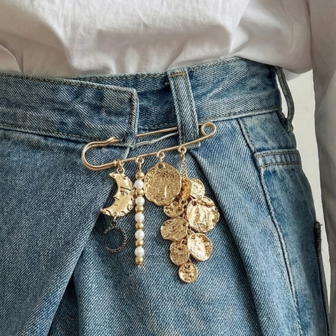 Broche De Alfiler De Seguridad De Aleación Perla Artificial Sintética Rhinestone Colgantes Luna Sol Retro Bohemio Borla Joyería Para Mujeres